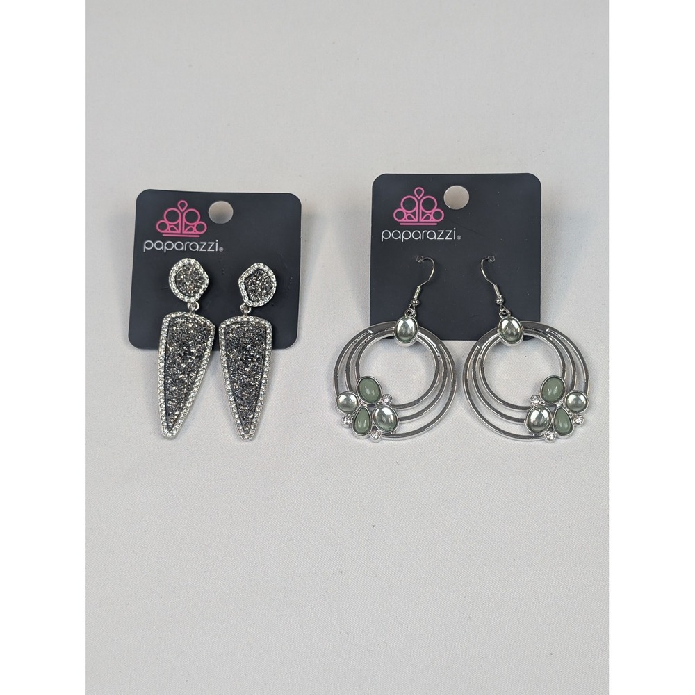 Paparazzi Earring Lot 2 Pairs Gunmetal Druzy Shield & Silver Sage Green Hoops